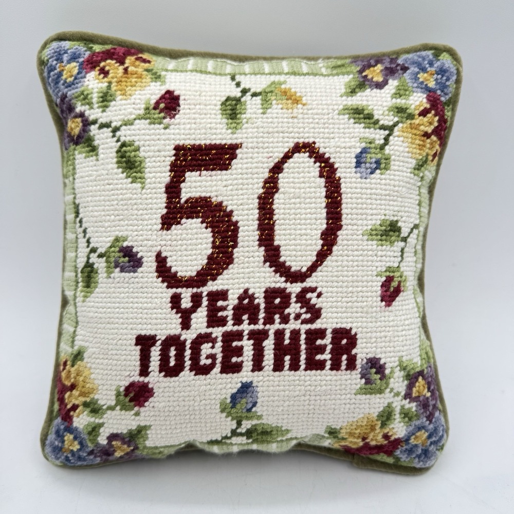 Anniversary "50 Years Together" Nostalgic Needlepoint Accent Pillow Green Vtg 9"